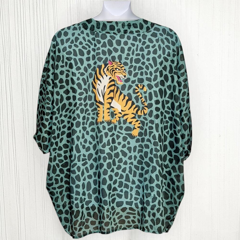 Anna & Ava Tiger Graphic Open Front Kimono Cardigan Teal Animal Print One Size